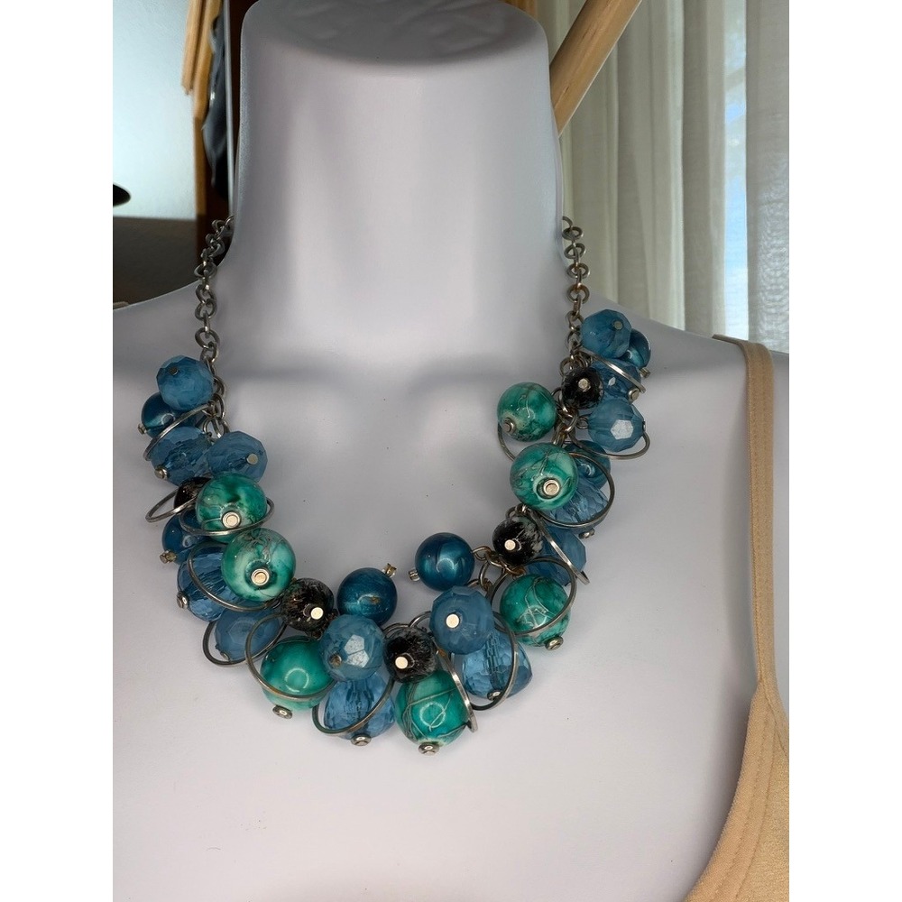 New York & Company Necklace Women Blue Teal Chunky Beaded Cluster Statement